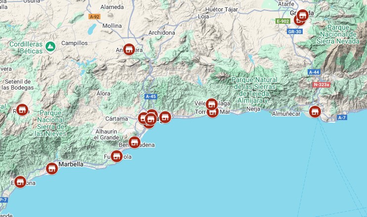 Mapa visual todas las tiendas MiColchón en Málaga y Granada