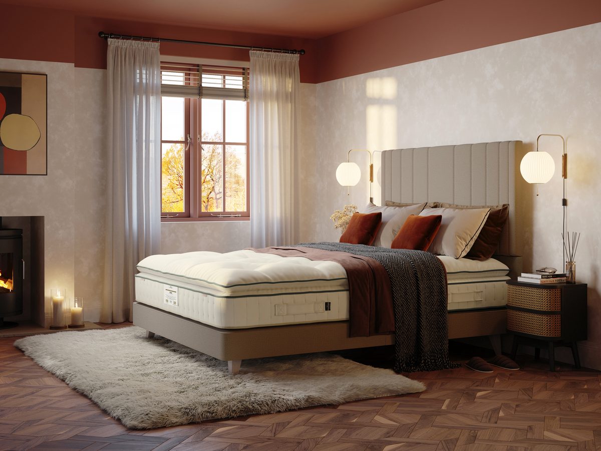 Bedroom with a fireplace and a Harrison Spinks bed with a pillow top mattress