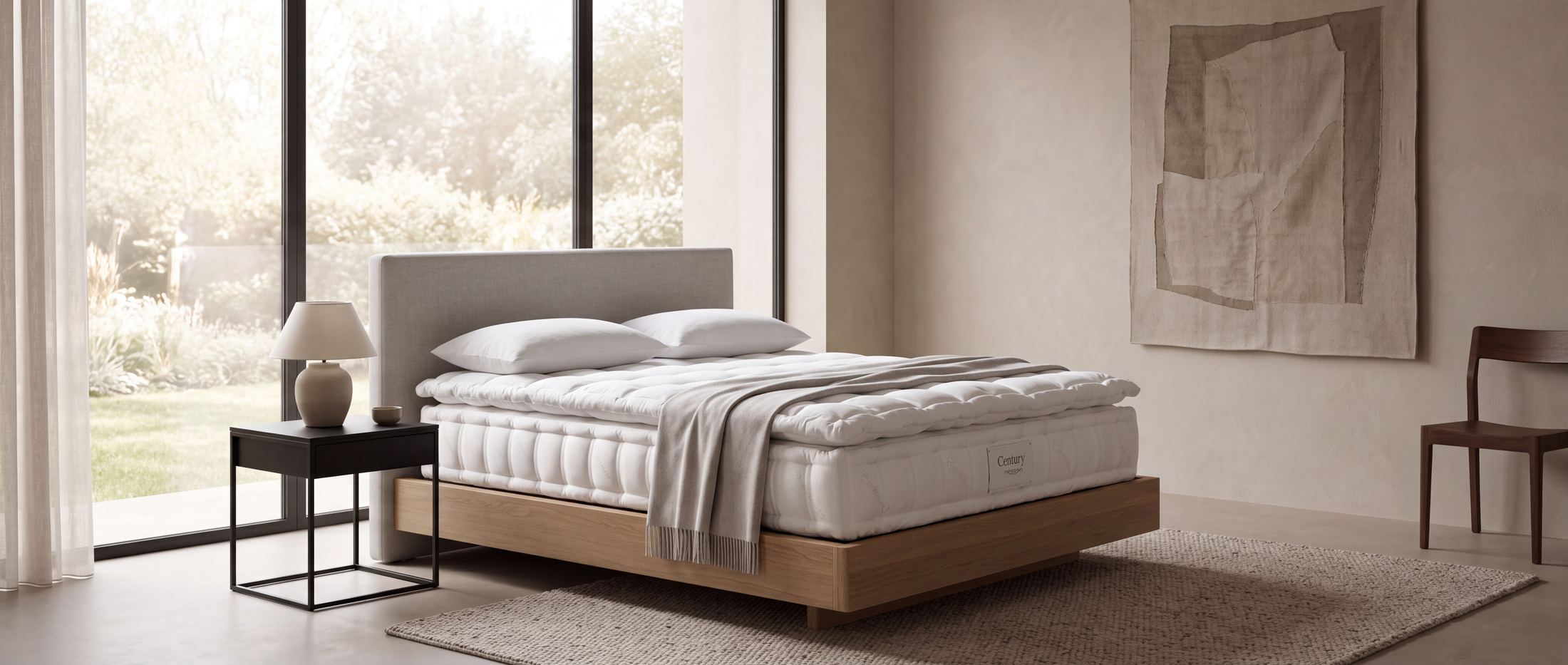 Nessen Century mattress with topper on a wooden bed, in a bright bedroom in light tones
