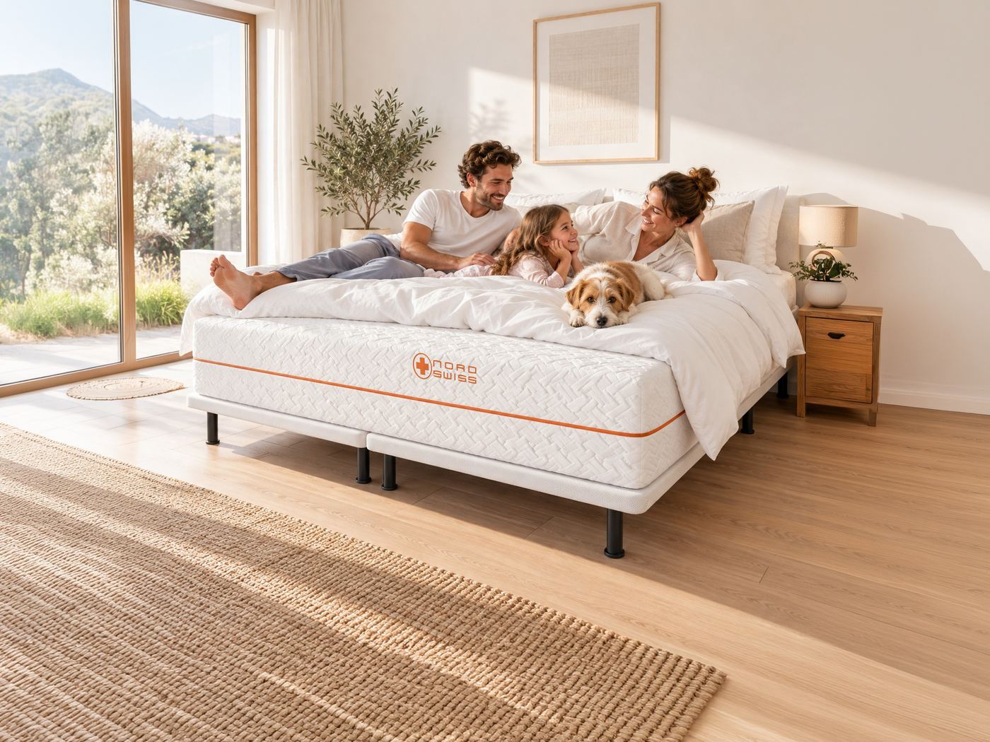 Una pareja con su hija y su perro en una cama de 200x200 con el colchón NORD SWISS Winner 29